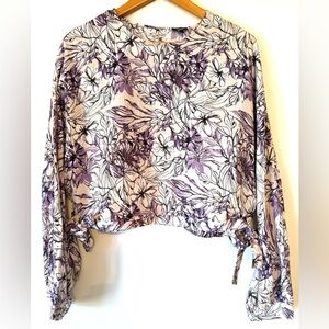 EXPRESS Purple Floral Long-Sleeve Blouse on White Rose